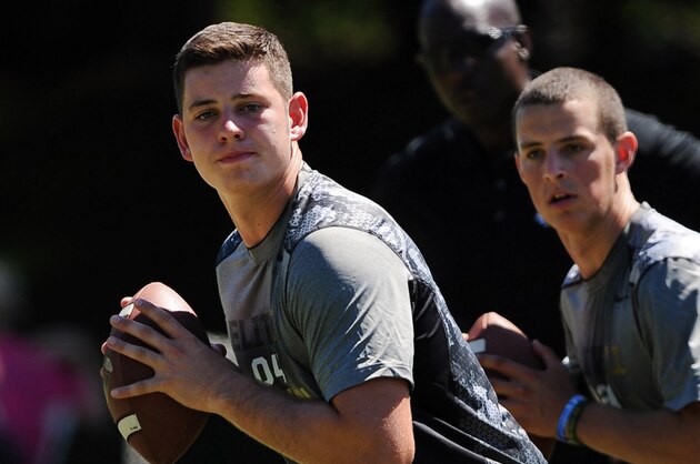 June 30, 2013; Beaverton, OR, USA; David Cornwell, of Norman, Oklahoma, passes the ball during the morning session of the Elite 11 at Nike World Headquarters. Mandatory Credit: Steve Dykes-USA TODAY Sports