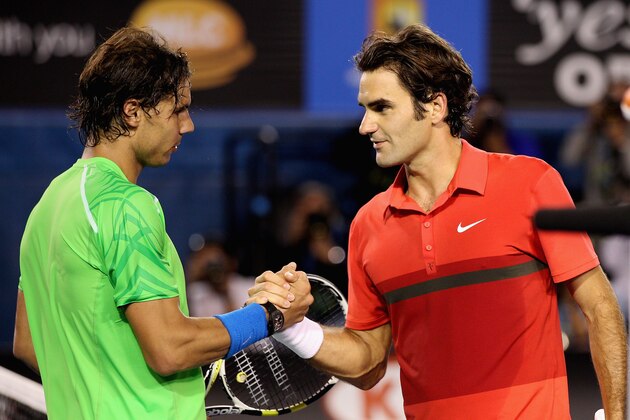 MELBOURNE, AUSTRALIA - JANUARY 26: Roger Federer of Switzerland and Rafael Nadal of Spain embrace at the net after their semifinal match during day eleven of the 2012 Australian Open at Melbourne Park on January 26, 2012 in Melbourne, Australia. (Photo by Lucas Dawson/Getty Images) MELBOURNE, AUSTRALIA - JANUARY 26: Roger Federer of Switzerland and Rafael Nadal of Spain embrace at the net after their semifinal match during day eleven of the 2012 Australian Open at Melbourne Park on January 26, 2012 in Melbourne, Australia. (Photo by Lucas Dawson/Getty Images)