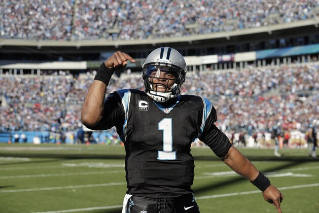 Carolina Panthers quarterback Cam Newton (1) reacts after Carolina Panthers wide receiver Steve Smith (89) scored a touchdown against the San Francisco 49ers during the first half of a divisional playoff NFL football game, Sunday, Jan. 12, 2014, in Charlotte, N.C. (AP Photo/Chuck Burton)