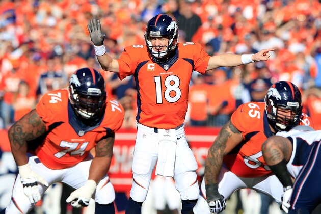 DENVER, CO - JANUARY 19:  Peyton Manning #18 of the Denver Broncos in action against the New England Patriots during the AFC Championship game at Sports Authority Field at Mile High on January 19, 2014 in Denver, Colorado.  (Photo by Jamie Squire/Getty Images)