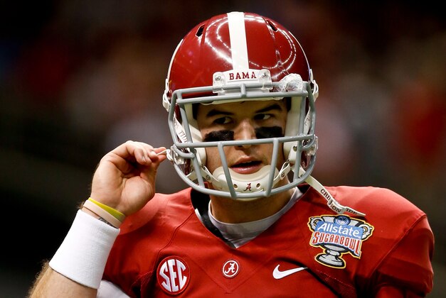 Jan 2, 2014; New Orleans, LA, USA; Alabama Crimson Tide quarterback AJ McCarron (10) prior to kickoff of a game against the Oklahoma Sooners at the Mercedes-Benz Superdome. Mandatory Credit: Derick E. Hingle-USA TODAY Sports Jan 2, 2014; New Orleans, LA, USA; Alabama Crimson Tide quarterback AJ McCarron (10) prior to kickoff of a game against the Oklahoma Sooners at the Mercedes-Benz Superdome. Mandatory Credit: Derick E. Hingle-USA TODAY Sports