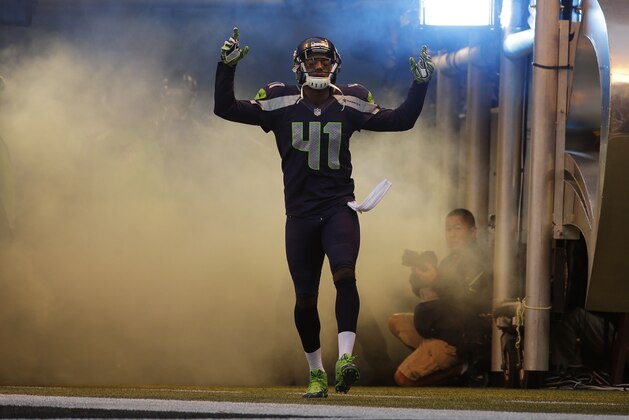 Seattle Seahawks' Byron Maxwell (41) enters the field before the first half of the NFL football NFC Championship game against the San Francisco 49ers Sunday, Jan. 19, 2014, in Seattle. (AP Photo/Matt Slocum)