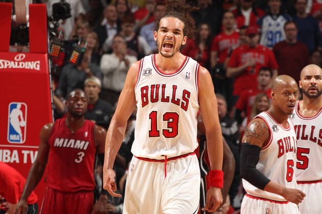 CHICAGO, IL - MAY 18: Joakim Noah #13 of the Chicago Bulls reacts during action against the Miami Heat in Game Two of the Eastern Conference Finals during the 2011 NBA Playoffs on May 18, 2011 at the United Center in Chicago, Illinois. NOTE TO USER: User expressly acknowledges and agrees that, by downloading and/or using this photograph, user is consenting to the terms and conditions of the Getty Images License Agreement.  Mandatory Copyright Notice: Copyright 2011 NBAE (Photo by Nathaniel S. Butler/NBAE via Getty Images)