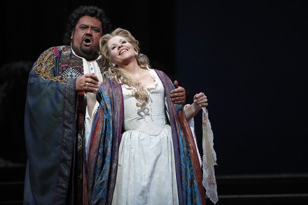 In this Friday, Oct. 5 2012 photo, Johan Botha performs the title roll alongside Renee Fleming performing as Desdemona during the final dress rehearsal of Guiseppe Verdi's