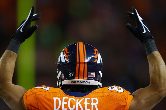 DENVER, CO - JANUARY 12:   Eric Decker #87 of the Denver Broncos reacts in the fourth quarter against the San Diego Chargers during the AFC Divisional Playoff Game at Sports Authority Field at Mile High on January 12, 2014 in Denver, Colorado.  (Photo by Doug Pensinger/Getty Images)