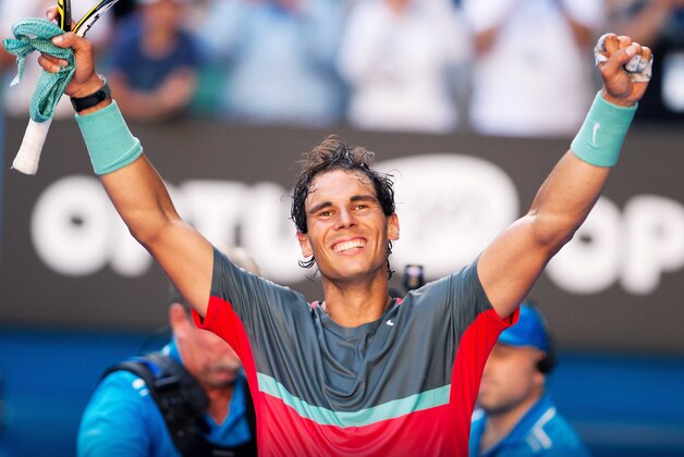 Jan 22, 2014; Melbourne, AUSTRALIA; Rafael Nadal (ESP) celebrates after his match against Grigor Dimitrov (BUL) on day ten of the 2014 Australian Open at Melbourne Park.  Mandatory Credit: Matthias Hauer/GEPA via USA TODAY Sports