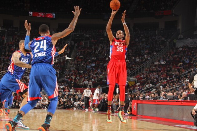 HOUSTON, TX - FEBRUARY 17: Kevin Durant #35 of the Western Conference All-Star Team shoots during 2013 NBA All-Star Game on February 17, 2013 at the Toyota Center in Houston, Texas. NOTE TO USER: User expressly acknowledges and agrees that, by downloading and or using this photograph, User is consenting to the terms and conditions of the Getty Images License Agreement. Mandatory Copyright Notice: Copyright 2013 NBAE (Photo by Nathaniel S. Butler/NBAE via Getty Images)