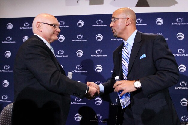 Jan 11, 2014; State College, PA, USA; James Franklin (right) shakes hands with Penn State University Athletic Director David Joyner (left) after James Franklin is announced as the Penn State Nittany Lions new head coach during a press conference at Beaver Stadium. Mandatory Credit: Matthew O'Haren-USA TODAY Sports Jan 11, 2014; State College, PA, USA; James Franklin (right) shakes hands with Penn State University Athletic Director David Joyner (left) after James Franklin is announced as the Penn State Nittany Lions new head coach during a press conference at Beaver Stadium. Mandatory Credit: Matthew O'Haren-USA TODAY Sports