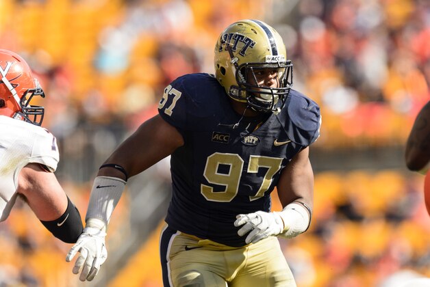 Sep 28, 2013; Pittsburgh, PA, USA; Pittsburgh Panthers defensive lineman Aaron Donald (97) during the fourth quarter against the Virginia Cavaliers at Heinz Field. Pittsburgh defeated Virginia 14-3. Mandatory Credit: Howard Smith-USA TODAY Sports