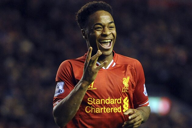 Liverpool's Raheem Sterling celebrates after scoring the fifth goal of the game during their English Premier League soccer match against Norwich City at Anfield in Liverpool, England, Wednesday Dec. 4, 2013. (AP Photo/Clint Hughes)