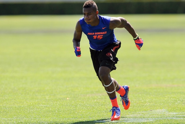 Jul 2, 2013; Beaverton, OR, USA; Wide receiver Malachi Dupre (15) runs a pass route during the Nike 7on7 pool play at Nike World Headquarters in Beaverton, Oregon on Tuesday July, 2, 2013. Mandatory Credit: Steve Dykes-USA TODAY Sports