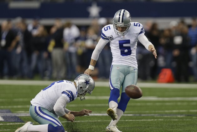 Dallas Cowboys kicker Dan Bailey (5) warms up with Chris Jones (6) before an NFL football game against the Green Bay Packers Sunday, Dec. 15, 2013, in Arlington, Texas. (AP Photo/Tim Sharp)