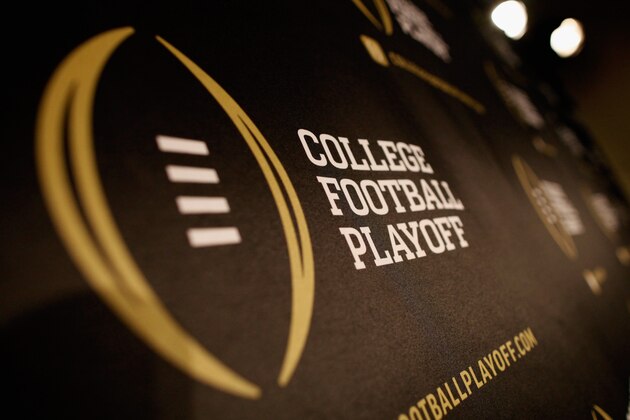 IRVING, TX - OCTOBER 16:  A detail view of the College Football Playoff logo shown during a press conference on October 16, 2013 in Irving, Texas. Condoleezza Rice, Stanford University professor and former United States Secretary of State, was chosen to serve as one of the 13 members that will select four teams to compete in the first playoff at the end of the 2014 season.  (Photo by Tom Pennington/Getty Images)