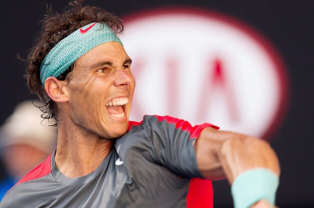 Jan 22, 2014; Melbourne, AUSTRALIA; Rafael Nadal (ESP) celebrates after his match against Grigor Dimitrov (BUL) on day ten of the 2014 Australian Open at Melbourne Park.  Mandatory Credit: Matthias Hauer/GEPA via USA TODAY Sports