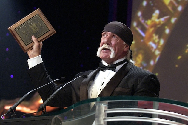 Wrestler Hulk Hogan holds up a plaque while speaking after being inducted into the WWE Hall of Fame in Los Angeles on Saturday, April 2, 2005. (AP Photo/Matt Sayles) Wrestler Hulk Hogan holds up a plaque while speaking after being inducted into the WWE Hall of Fame in Los Angeles on Saturday, April 2, 2005. (AP Photo/Matt Sayles)