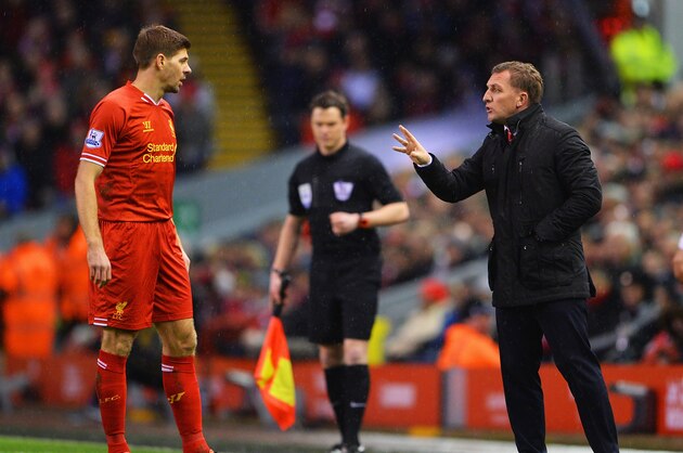 LIVERPOOL, ENGLAND - JANUARY 18:  Brendan Rodgers, manager of Liverpool talks to Steven Gerrard during the Barclays Premier League match between Liverpool and Aston Villa at Anfield on January 18, 2014 in Liverpool, England.  (Photo by Michael Regan/Getty Images)