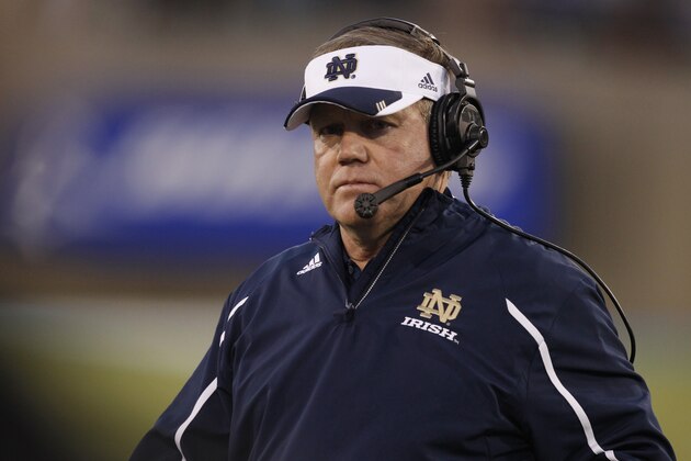 Notre Dame head coach Brian Kelly looks on against Air Force in the fourth quarter of Notre Dame's 45-20 victory in an NCAA football game at the Air Force Academy, Colo., on Saturday, Oct. 26, 2013. (AP Photo/David Zalubowski)