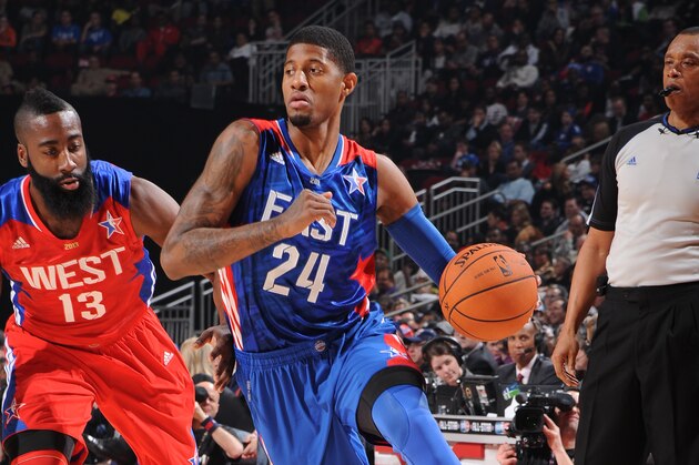 HOUSTON, TX - FEBRUARY 17: Paul George #24 of the Eastern Conference All-Stars drives to the basket during the 2013 NBA All-Star Game on February 17, 2013 at Toyota Center in Houston, Texas. NOTE TO USER: User expressly acknowledges and agrees that, by downloading and or using this photograph, User is consenting to the terms and conditions of the Getty Images License Agreement. Mandatory Copyright Notice: Copyright 2013 NBAE (Photo by Andrew D. Bernstein/NBAE via Getty Images)