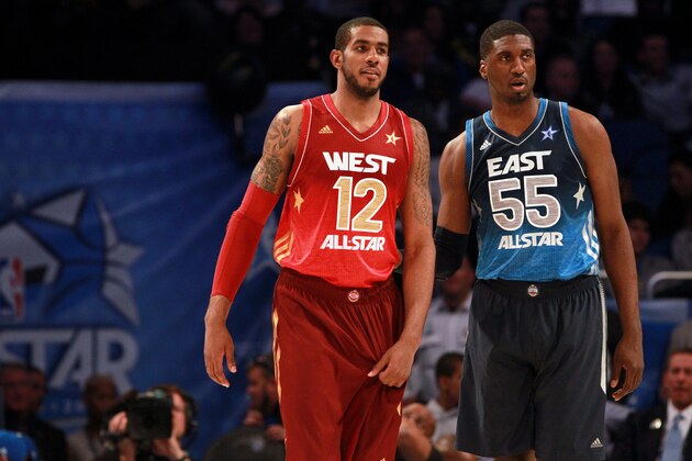 ORLANDO, FL - FEBRUARY 26:  LaMarcus Aldridge #24 of the Portland Trail Blazers and the Western and Roy Hibbert #55 of the Indiana Pacers and the Eastern Conference look on during the 2012 NBA All-Star Game at the Amway Center on February 26, 2012 in Orlando, Florida.  NOTE TO USER: User expressly acknowledges and agrees that, by downloading and or using this photograph, User is consenting to the terms and conditions of the Getty Images License Agreement.  (Photo by Ronald Martinez/Getty Images)