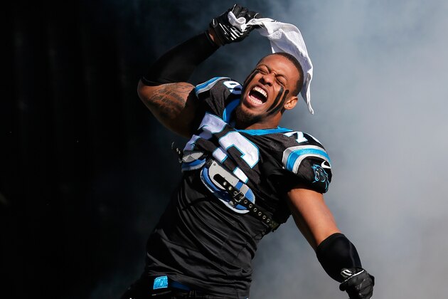CHARLOTTE, NC - JANUARY 12: Greg Hardy #76 of the Carolina Panthers runs onto the field during player introductions against the San Francisco 49ers during the NFC Divisional Playoff Game at Bank of America Stadium on January 12, 2014 in Charlotte, North Carolina.  (Photo by Kevin C. Cox/Getty Images)