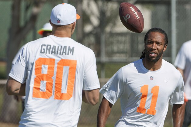 Arizona Cardinals wide receiver Larry Fitzgerald (11), of Team Rice, flips the football to New Orleans Saints tight end Jimmy Graham (80), also of Team Rice, during NFL football Pro Bowl practice Friday, Jan. 24, 2014, in Kapolei, Hawaii. (AP Photo/Eugene Tanner) Arizona Cardinals wide receiver Larry Fitzgerald (11), of Team Rice, flips the football to New Orleans Saints tight end Jimmy Graham (80), also of Team Rice, during NFL football Pro Bowl practice Friday, Jan. 24, 2014, in Kapolei, Hawaii. (AP Photo/Eugene Tanner)