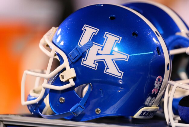 Oct 24, 2013; Starkville, MS, USA; Kentucky Wildcats helmet during the game against the Mississippi State Bulldogs at Davis Wade Stadium. Mississippi State Bulldogs win the game against Kentucky Wildcats 28-22.  Mandatory Credit: Spruce Derden-USA TODAY Sports