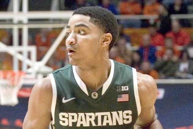 Michigan State's guard Gary Harris (14) during their NCAA college basketball game  in Champaign, IL on Saturday, Jan. 18, 2014.(AP Photo/Robin Scholz)