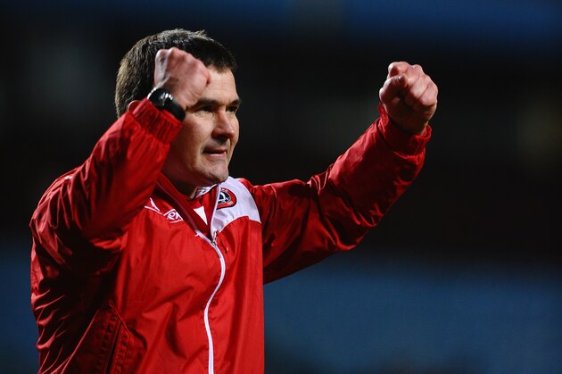 BIRMINGHAM, ENGLAND - JANUARY 04:  Nigel Clough of Sheffield United celebrates victory during the Budweiser FA Cup Third Round match between Aston Villa and Sheffield United at Villa Park on January 4, 2014 in Birmingham, England.  (Photo by Laurence Griffiths/Getty Images)