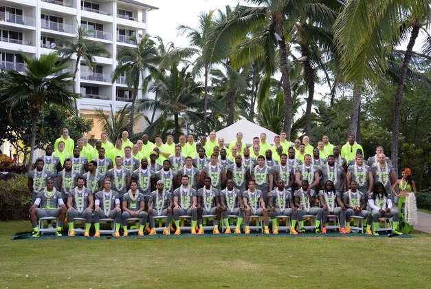 January 24, 2014; Ko'Olina, HI, USA; Team Sanders players and coaches pose for a team photo during the 2014 Pro Bowl media day at J.W. Marriott Ihilani Resort & Spa. Mandatory Credit: Kyle Terada-USA TODAY Sports