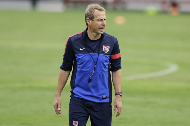 Head coach of United States soccer team, Jurgen Klinsmann, gives directions during a training session in Sao Paulo, Brazil, Tuesday, Jan. 14, 2014. The US national soccer team is on a training program to prepare for the World Cup tournament that starts in June. (AP Photo/Nelson Antoine)
