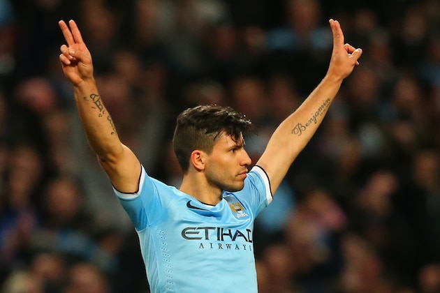 MANCHESTER, ENGLAND - JANUARY 18:  Sergio Aguero of Manchester City celebratesafter scoring his team's fourth goal during the Barclays Premier League match between Manchester City and Cardiff City at the Etihad Stadium on January 18, 2014 in Manchester, England.  (Photo by Alex Livesey/Getty Images)
