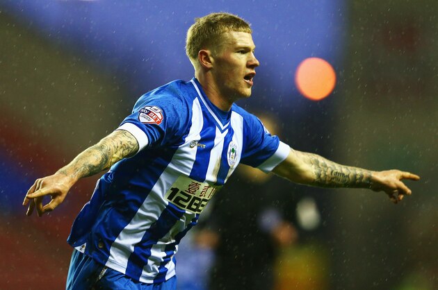 WIGAN, ENGLAND - JANUARY 25:  James McClean of Wigan Athletic celebrates his goal during the Budweiser FA Cup fourth round match between Wigan Athletic and Crystal Palace at DW Stadium on January 25, 2014 in Wigan, England.  (Photo by Clive Mason/Getty Images)