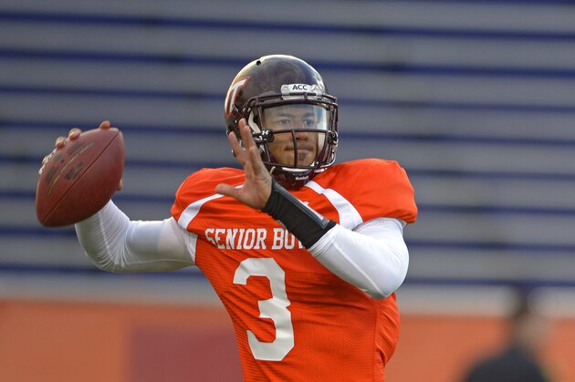 North Squad quarterback Logan Thomas of Virginia Tech (3) throws a pass during Senior Bowl practice at Ladd-Peebles Stadium, Monday, Jan. 20, 2014, in Mobile, Ala.  (AP Photo/G.M. Andrews)