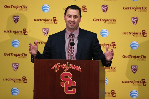 LOS ANGELES, CA - DECEMBER 03:  Steve Sarkisian speaks at a press conference introducing him as the new USC  head football coach at the John McKay Center at the University of Southern California on December 3, 2013 in Los Angeles, California.  (Photo by Stephen Dunn/Getty Images)
