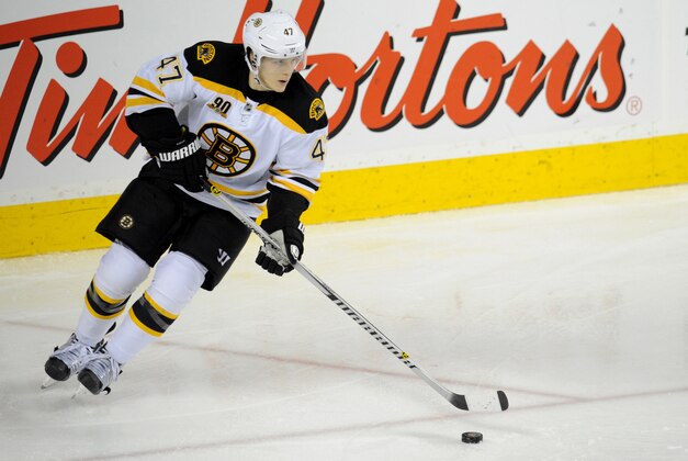 Dec 10, 2013; Calgary, Alberta, CAN; Boston Bruins defenseman Torey Krug (47) against the Calgary Flames at Scotiabank Saddledome. Mandatory Credit: Candice Ward-USA TODAY Sports Dec 10, 2013; Calgary, Alberta, CAN; Boston Bruins defenseman Torey Krug (47) against the Calgary Flames at Scotiabank Saddledome. Mandatory Credit: Candice Ward-USA TODAY Sports