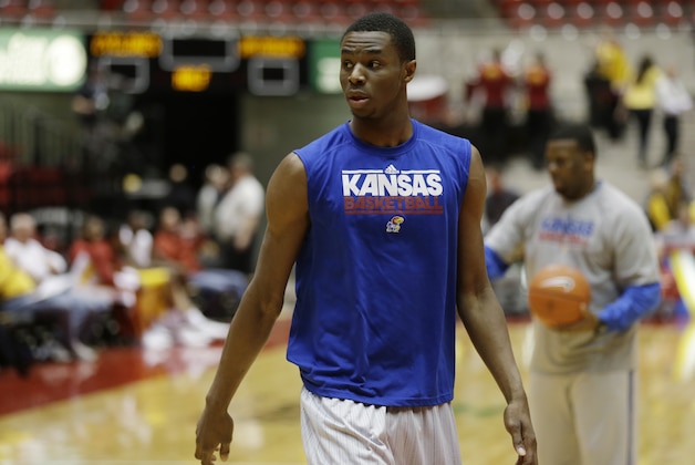 Kansas guard Andrew Wiggins warms up before an NCAA college basketball game against against Iowa State, Monday, Jan. 13, 2014, in Ames, Iowa. (AP Photo/Charlie Neibergall)