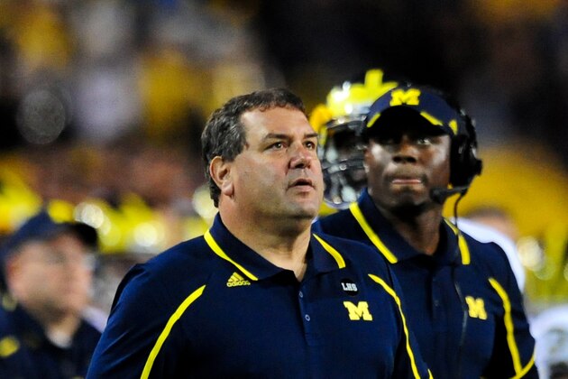 Dec 28, 2013; Tempe, AZ, USA; Michigan Wolverines head coach Brady Hoke looks on during the first half against the Kansas State Wildcats in the Buffalo Wild Wings Bowl at Sun Devil Stadium. Mandatory Credit: Matt Kartozian-USA TODAY Sports