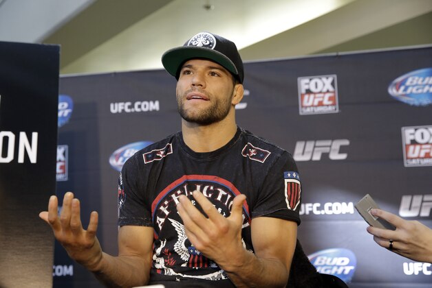 Josh Thomson talks to media during the media day at the United Center in Chicago, Thursday, Jan. 23, 2014. Josh Thomson will fight with Benson Henderson on Saturday, Jan. 25, 2014., at the United Center in Chicago. (AP Photo/Nam Y. Huh)