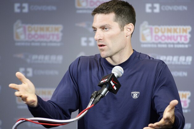 New England Patriots director of player personnel Nick Caserio speaks with the media during a press conference during NFL football training camp, Sunday, Aug. 1, 2010, in Foxborough, Mass. (AP Photo/Stew Milne)