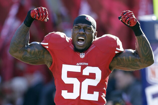 San Francisco 49ers'  Patrick Willis reacts during player introductions before an NFL football game against the Seattle Seahawks, Sunday, Dec. 8, 2013, in San Francisco. (AP Photo/Marcio Jose Sanchez)