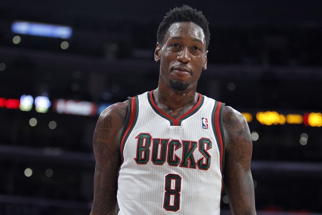 Milwaukee Bucks center Larry Sanders (8) talks to fans during the second half of an NBA basketball game against the Los Angeles Lakers Tuesday, Dec. 31, 2013, in Los Angeles. Bucks won the game 94-79. (AP Photo/Alex Gallardo)