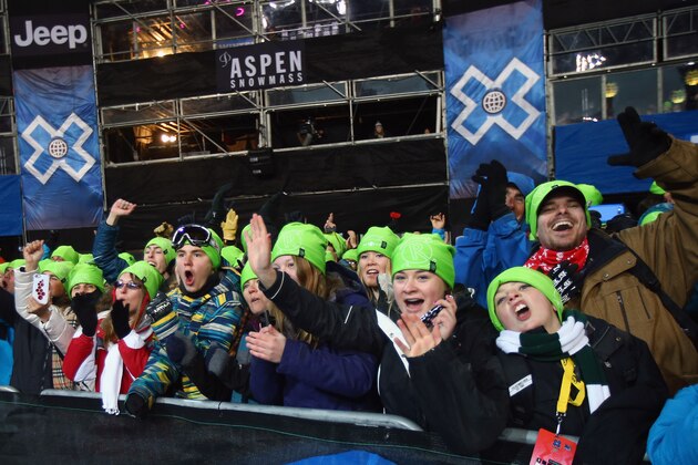 ASPEN, CO - JANUARY 25:  Fans are exuberant during the women's Snowboard Superpipe finals at Winter X-Games 2014 Aspen at Buttermilk Mountain on January 25, 2014 in Aspen, Colorado.  (Photo by Doug Pensinger/Getty Images)