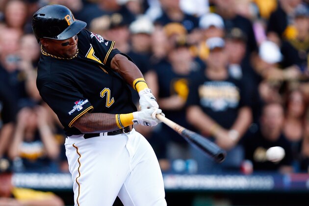 PITTSBURGH, PA - OCTOBER 06: Marlon Byrd #2 of the Pittsburgh Pirates hits a two run RBI single in the first inning against the St. Louis Cardinals during Game Three of the National League Division Series at PNC Park on October 6, 2013 in Pittsburgh, Pennsylvania.  (Photo by Justin K. Aller/Getty Images)