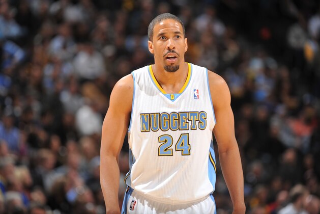 DENVER, CO - NOVEMBER 5:  Andre Miller #24 of the Denver Nuggets stands on the court against the San Antonio Spurs on November 5, 2013 at the Pepsi Center in Denver, Colorado. NOTE TO USER: User expressly acknowledges and agrees that, by downloading and/or using this Photograph, user is consenting to the terms and conditions of the Getty Images License Agreement. Mandatory Copyright Notice: Copyright 2013 NBAE (Photo by Garrett W. Ellwood/NBAE via Getty Images)