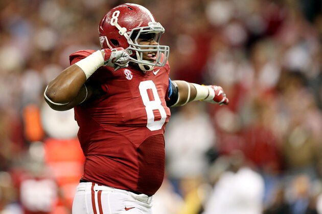 NEW ORLEANS, LA - JANUARY 02: Jeoffrey Pagan #8 of the Alabama Crimson Tide celebrates after a sack against the Oklahoma Sooners during the Allstate Sugar Bowl at the Mercedes-Benz Superdome on January 2, 2014 in New Orleans, Louisiana.  (Photo by Sean Gardner/Getty Images)
