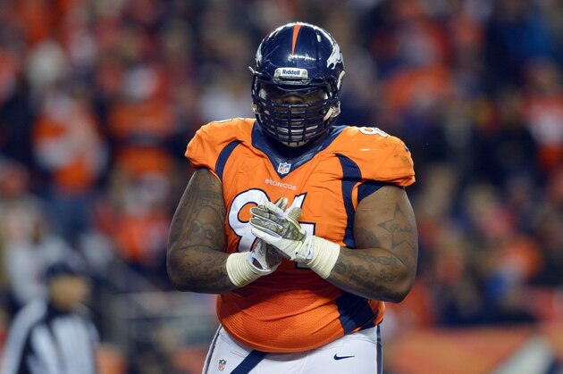 Denver Broncos defensive tackle Terrance Knighton celebrates during an NFL football game between the Denver Broncos and the Kansas City Chiefs, Sunday, Nov. 17, 2013, in Denver. (AP Photo/Jack Dempsey)