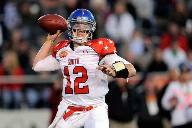 MOBILE, AL - JANUARY 25:  David Fales #12 of the South squad drops back to pass against the North squad during the Reese's Senior Bowl at Ladd-Peebles Stadium on January 25, 2014 in Mobile, Alabama.  The South defeated the North 20-10.  (Photo by Stacy Revere/Getty Images)