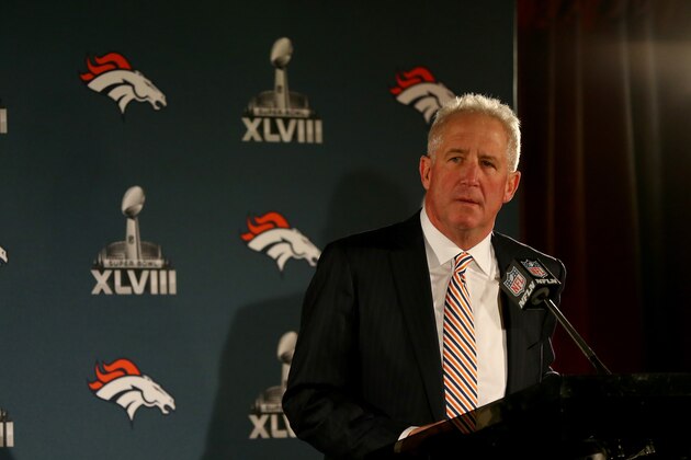 JERSEY CITY, NJ - JANUARY 26:  Head coach John Fox of the Denver Broncos addresses the media on January 26, 2014 in Jersey City, New Jersey.  (Photo by Elsa/Getty Images)