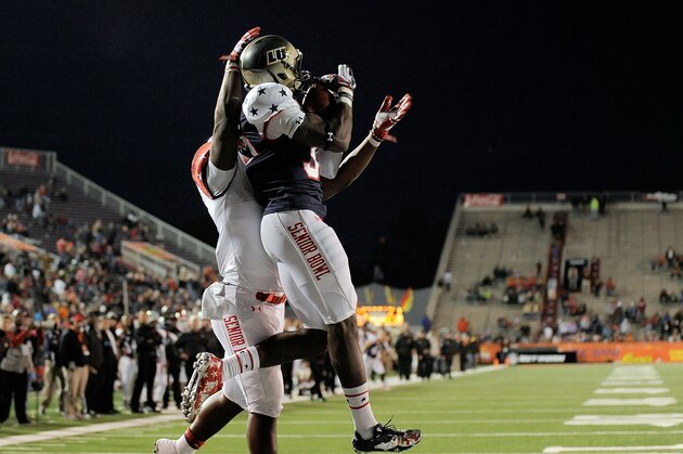 MOBILE, AL - JANUARY 25:  Pierre Desir #30 of the North squad intercepts a pass intended for Antonio Andrews #5 of the South squad during the Reese's Senior Bowl at Ladd-Peebles Stadium on January 25, 2014 in Mobile, Alabama.  The South defeated the North 20-10.   (Photo by Stacy Revere/Getty Images)