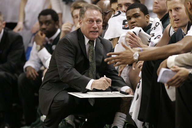 EAST LANSING, MI - JANUARY 21:  Coach Tom Izzo of the Michigan State Spartan watches the action while talking to his team during the second half of a game against the Indiana Hoosiers at Breslin Center on January 21, 2014 in East Lansing, Michigan. The Spartans defeated the Hoosiers 71-66. (Photo by Duane Burleson/Getty Images)